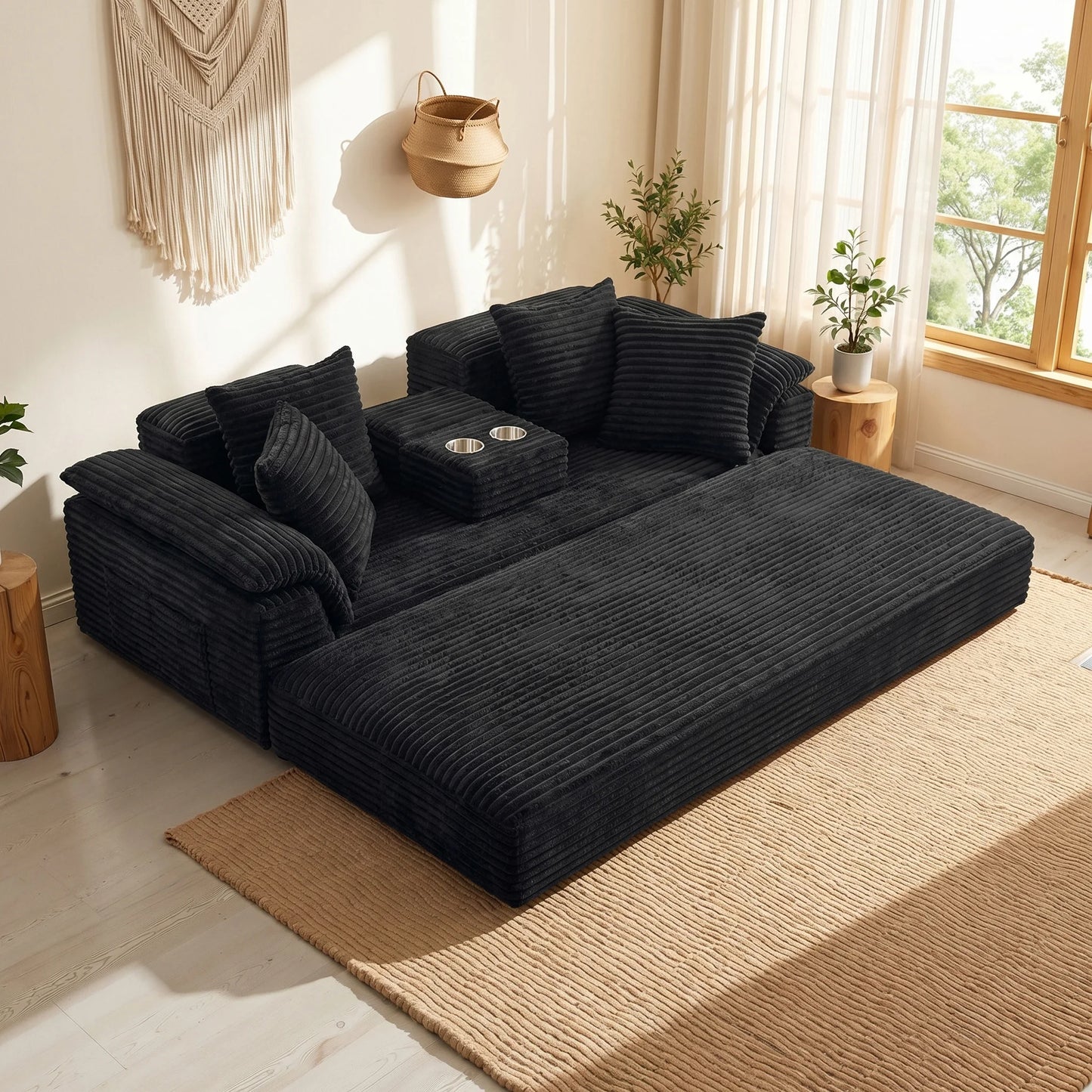 Modern Corduroy Modular Sofa With Reversible Cushions And Cup Holder