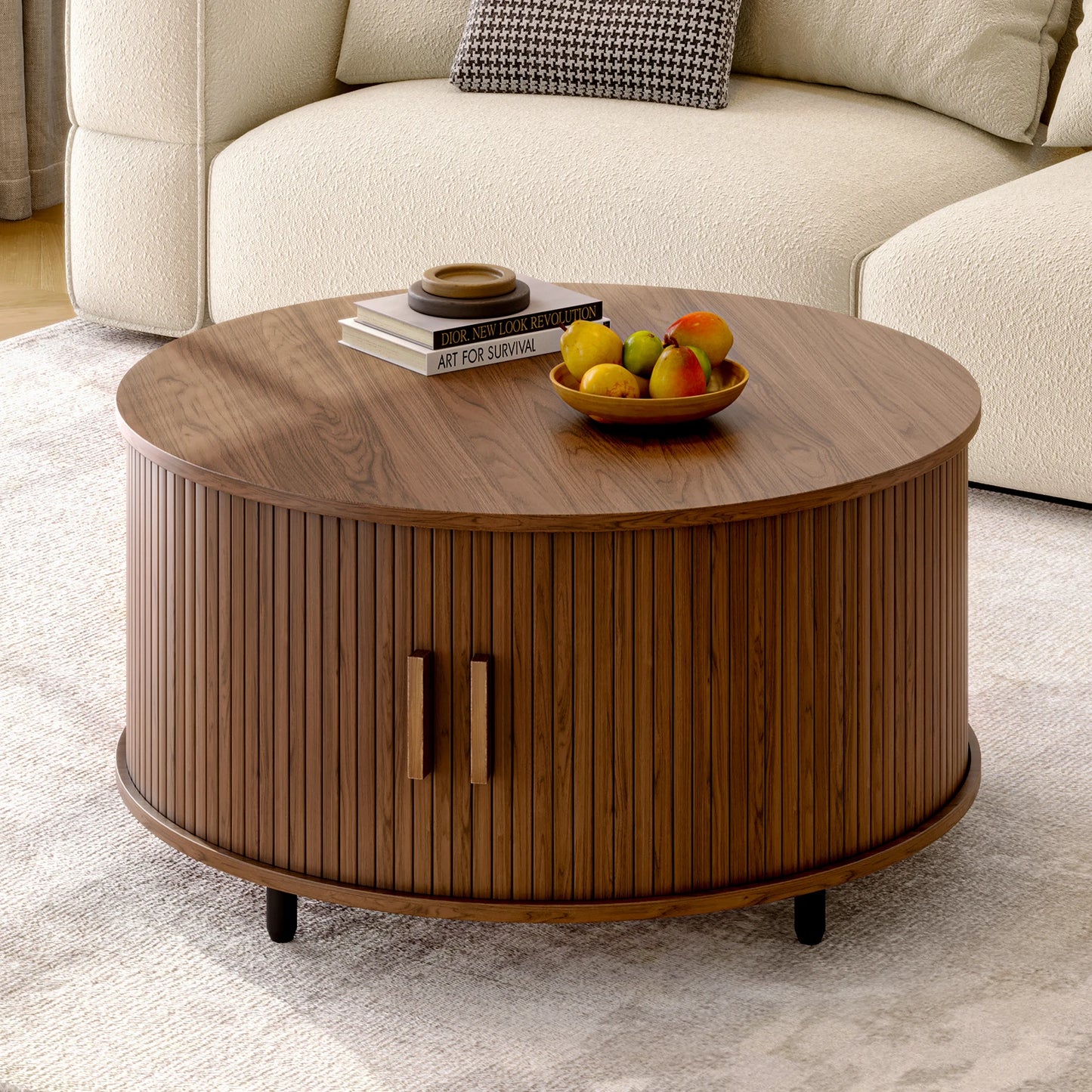 Onbrill Modern Fluted Wood Round Coffee Table With Storage