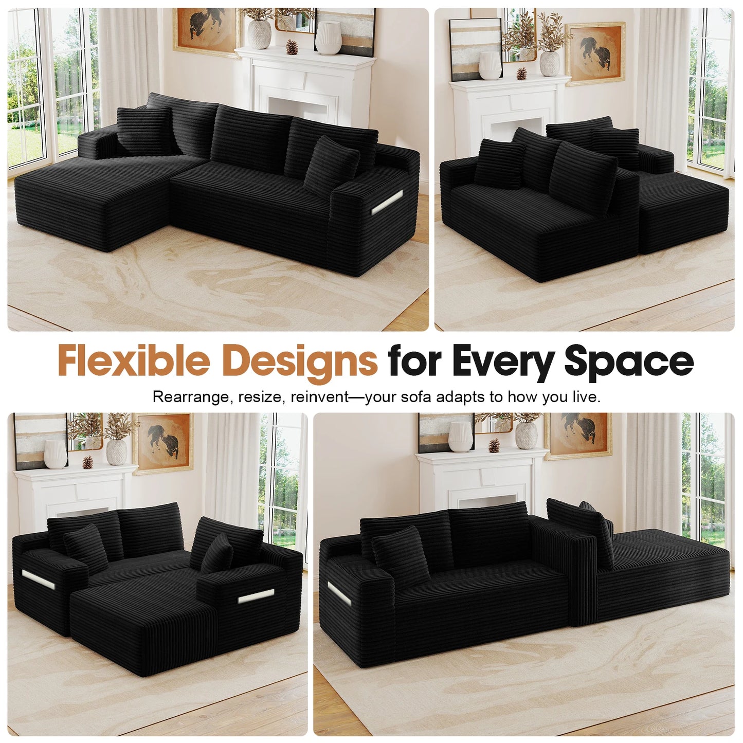 Cloud Modular Corduroy Sectional Sofa With L Shape Chaise