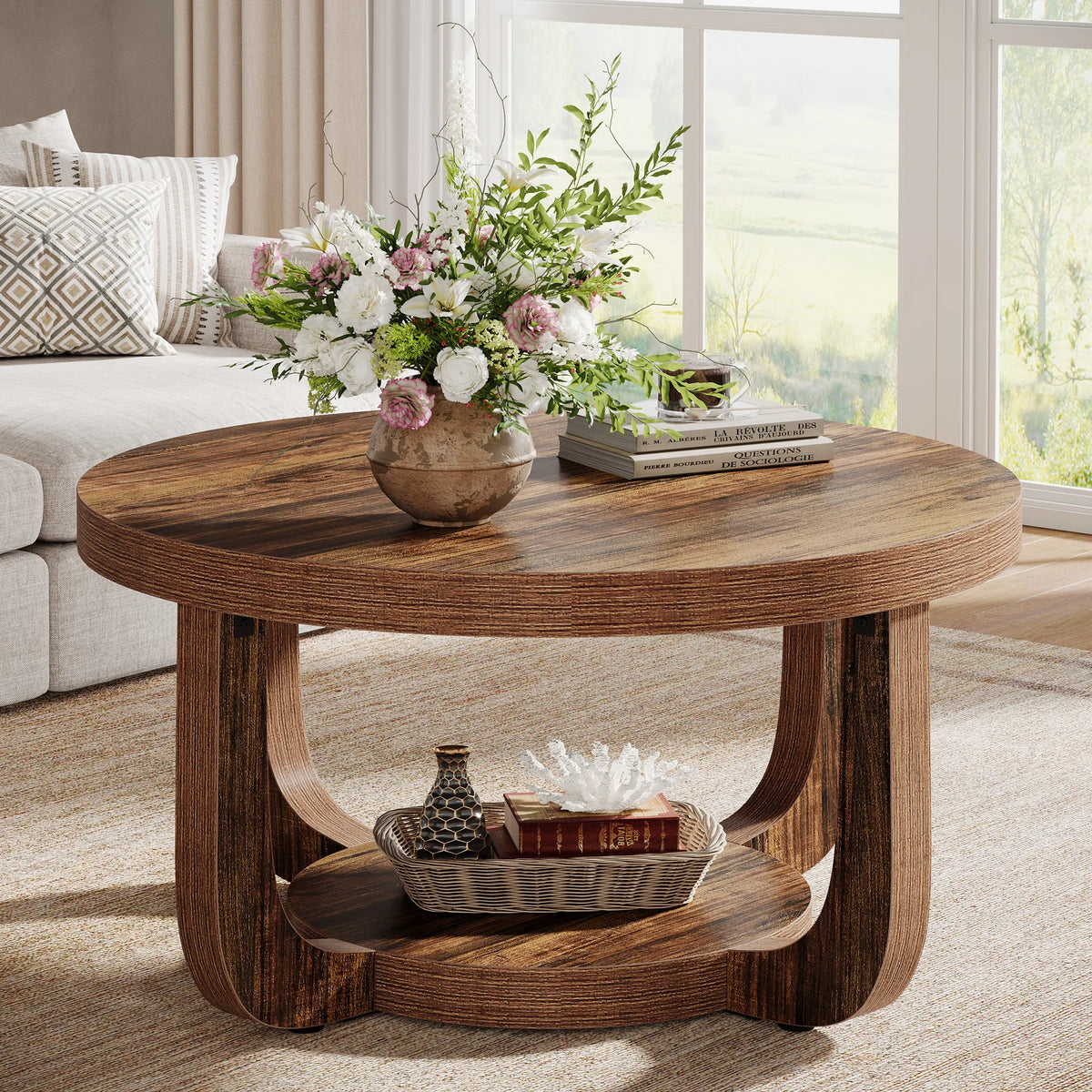 Tribesigns Round Coffee Table With Two Tier Storage Modern Wood