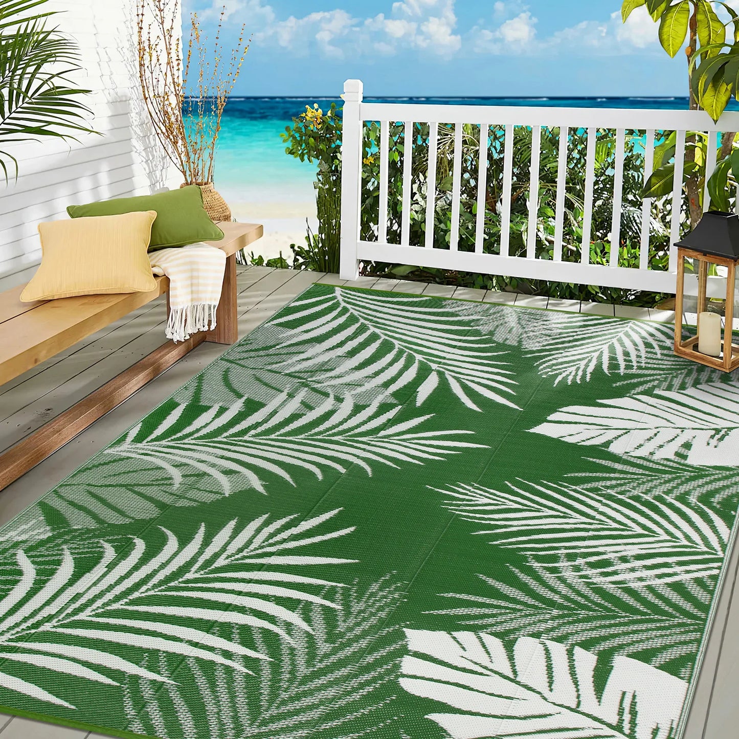 Leaves Pattern Recycled Plastic Straw Outdoor Rope Rug For Patio