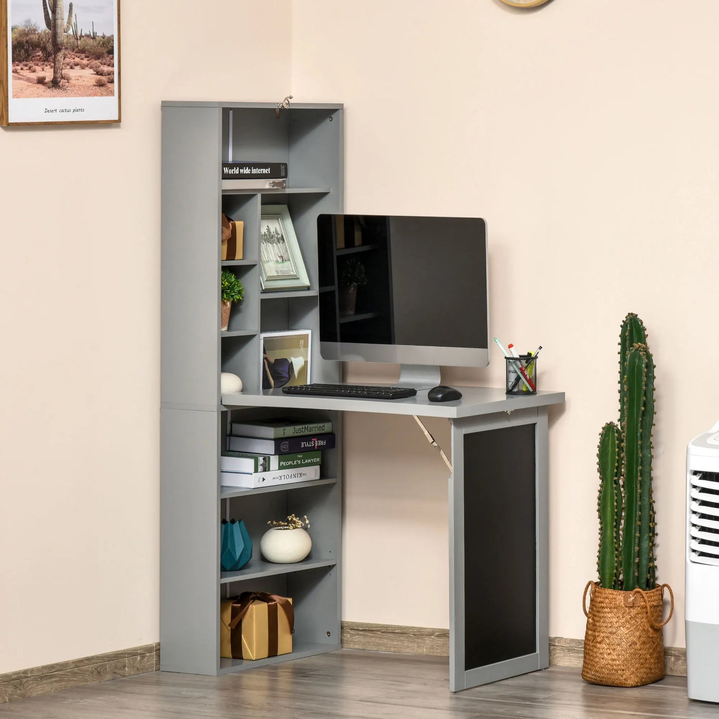 Homcom Wall Mount Fold Out Office Desk With Blackboard And Side Shelf