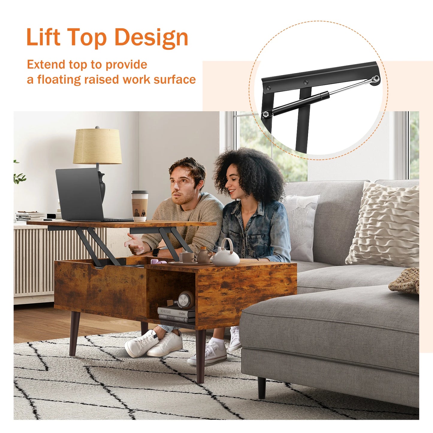 JHK Modern Wood Lift Top Coffee Table Adjustable Storage Shelf