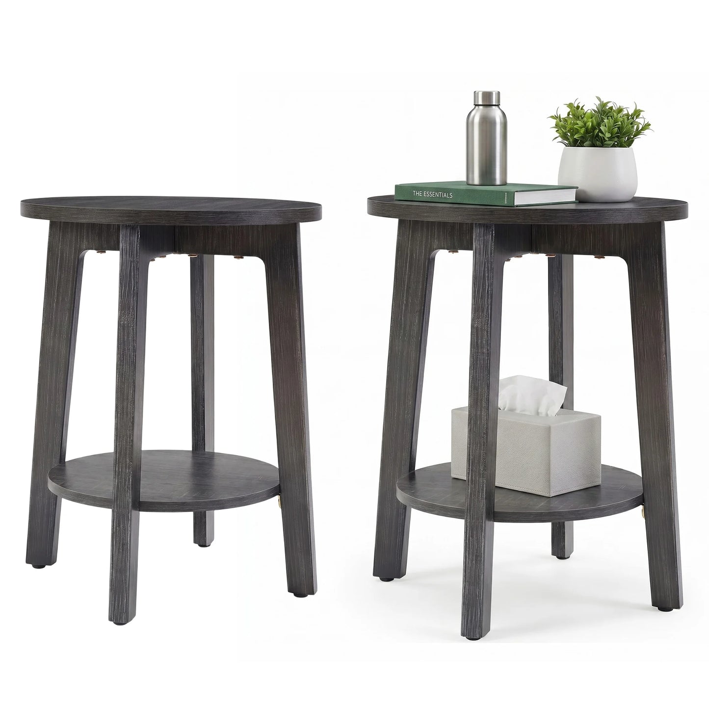 JHK Wood Round Side Table With Two Tier Storage Shelf