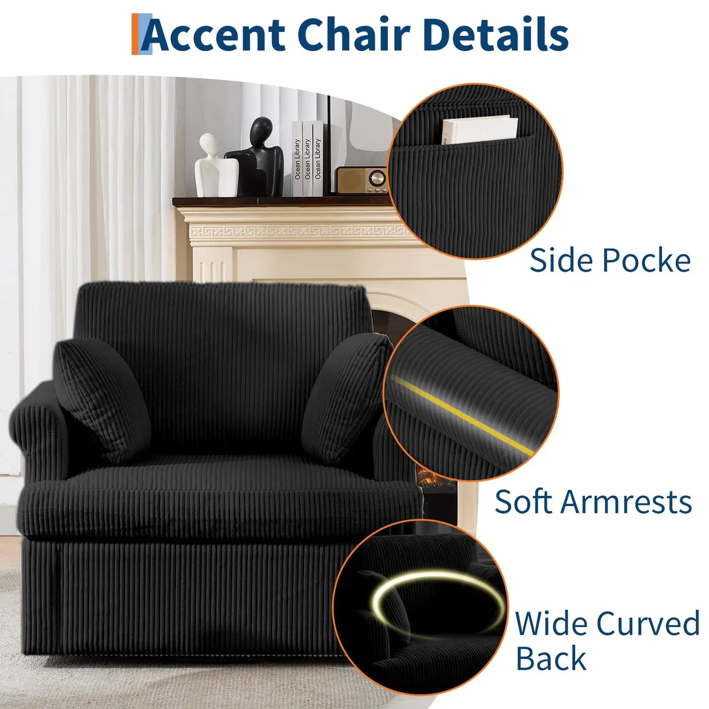 HiMISS 360 Swivel Barrel Armchair With Pillows And Storage Pockets