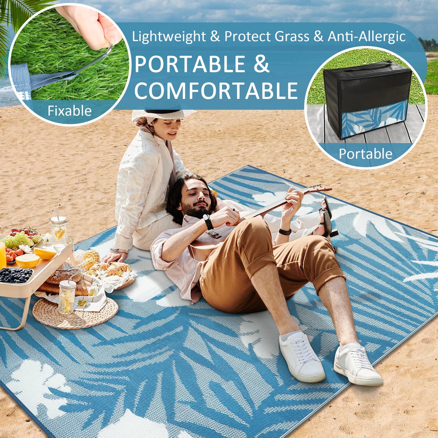 Leaves Pattern Recycled Plastic Straw Outdoor Rope Rug For Patio