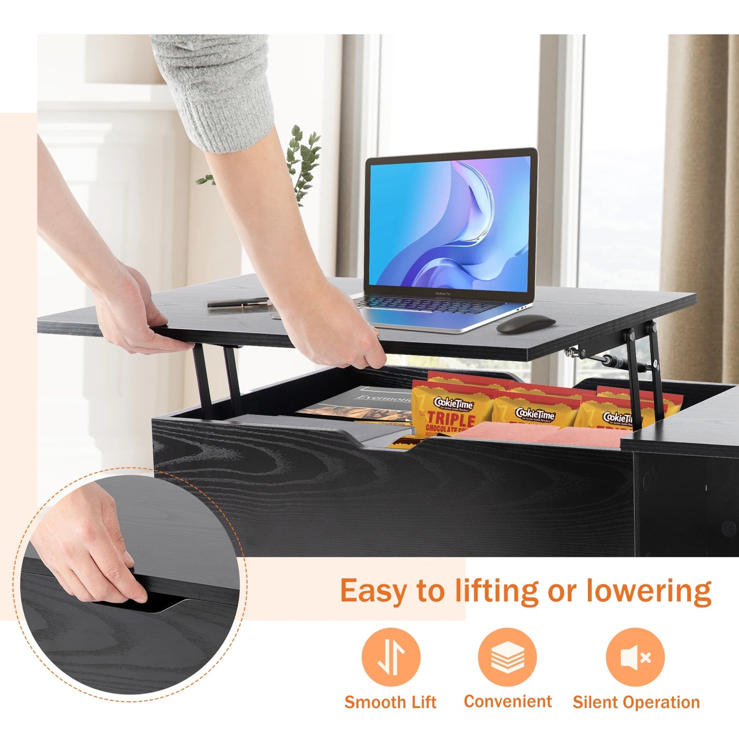 JHK Modern Wood Lift Top Coffee Table Adjustable Storage Shelf