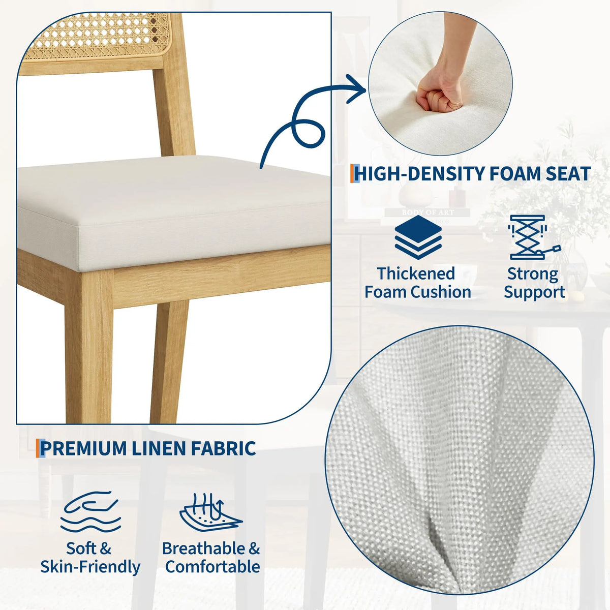 HiMISS French Country Rattan Dining Chairs With Upholstered Curved Backs