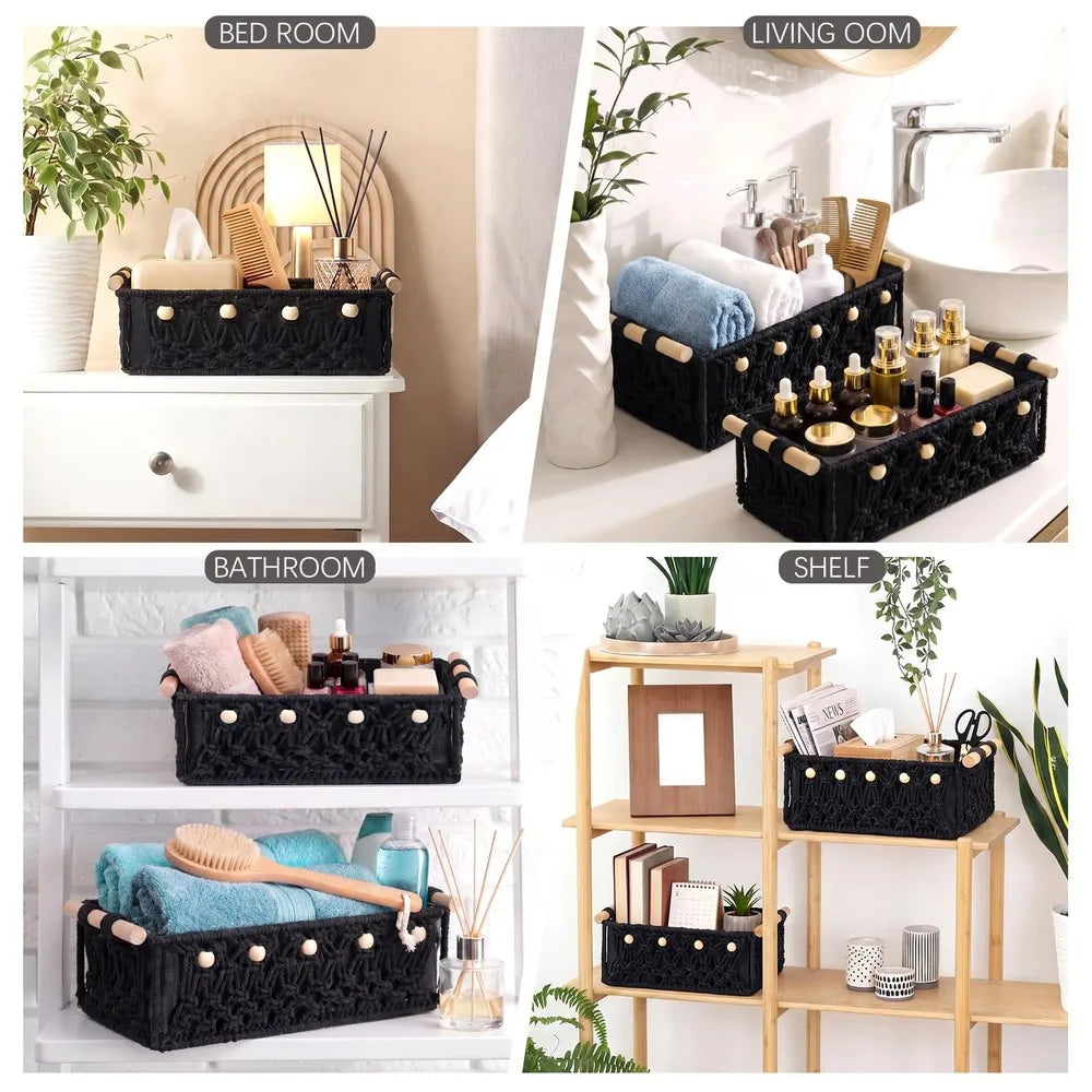 Boho Macrame Storage Baskets With Wooden Handles And Decorative Beads