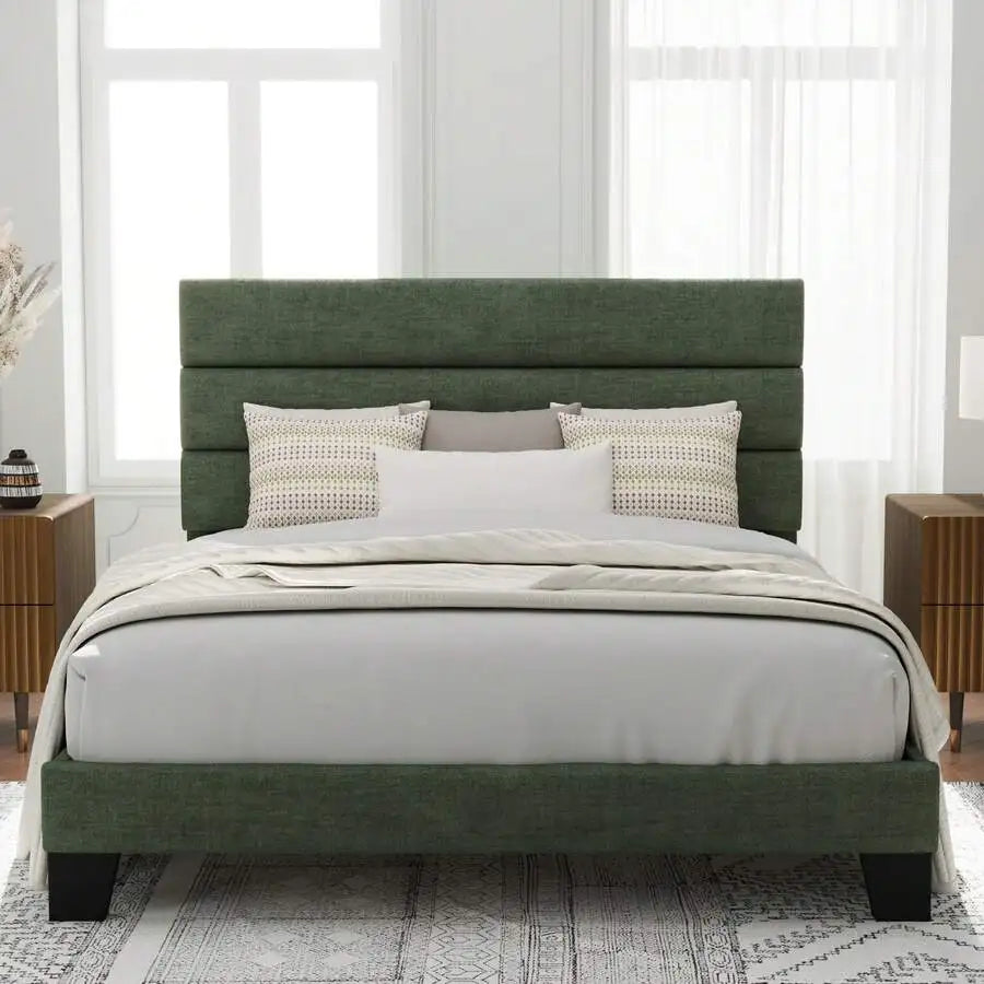 Fabric Upholstered Platform Bed Frame With Wooden Slats