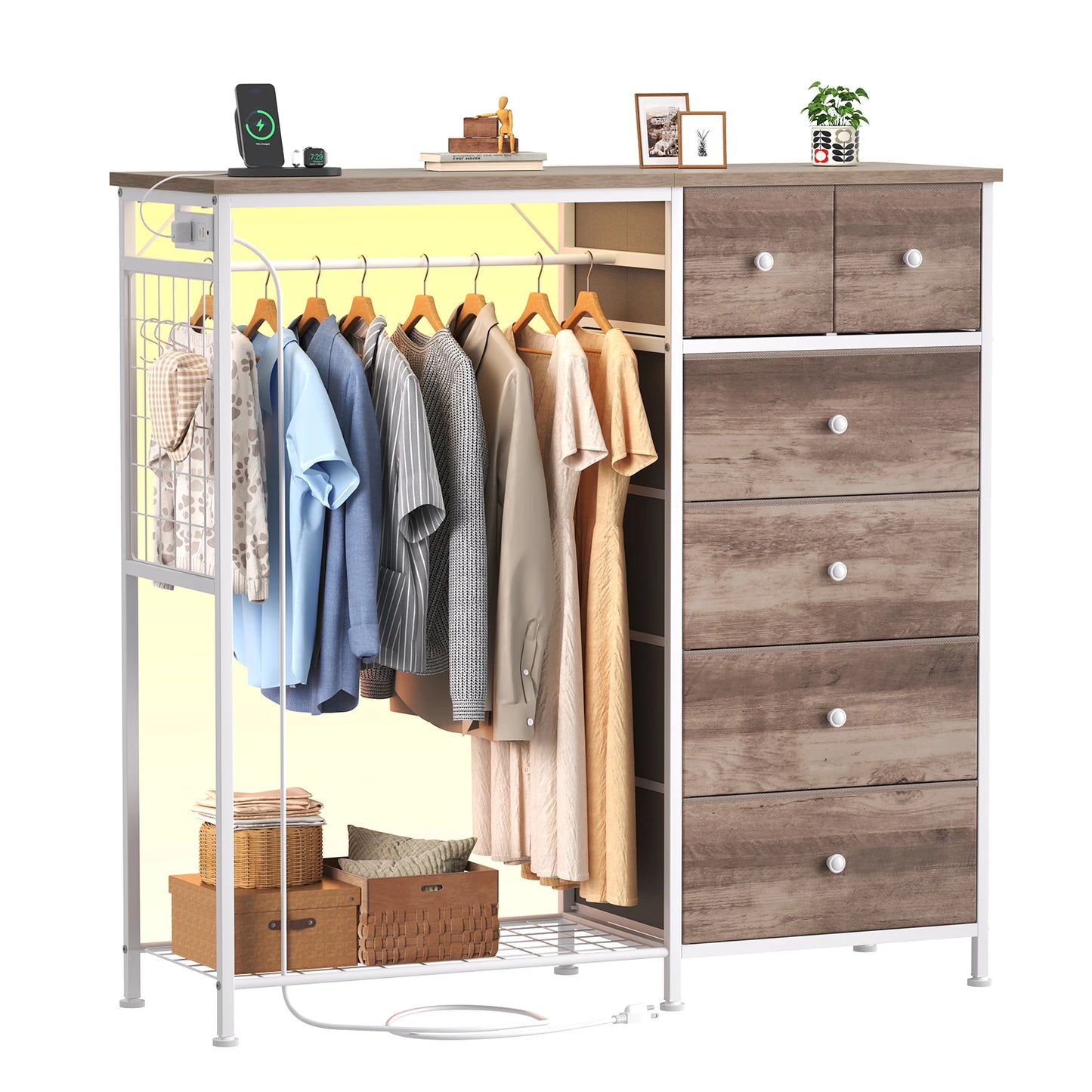 JHK Modern Fabric Dresser With Hanging Rack And LED Lights