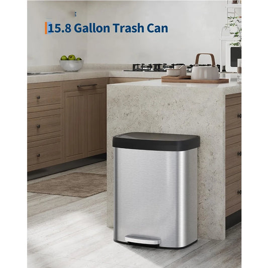 60L Step Kitchen Trash Can, Soft-Close Lid with Step Pedal | Fingerprint-Resistant Stainless Steel, Rear Handle, Liner Rim, Large Bin for Home/Office