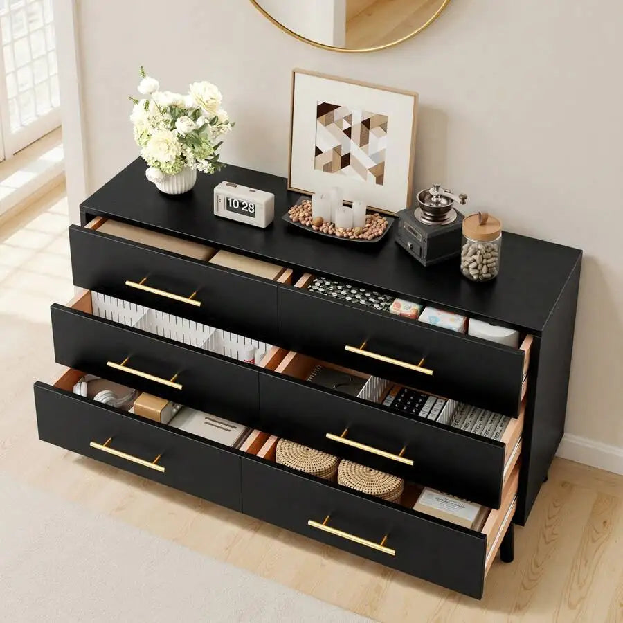 Wood 6 Drawer Dresser With Metal Frame Storage Cabinet