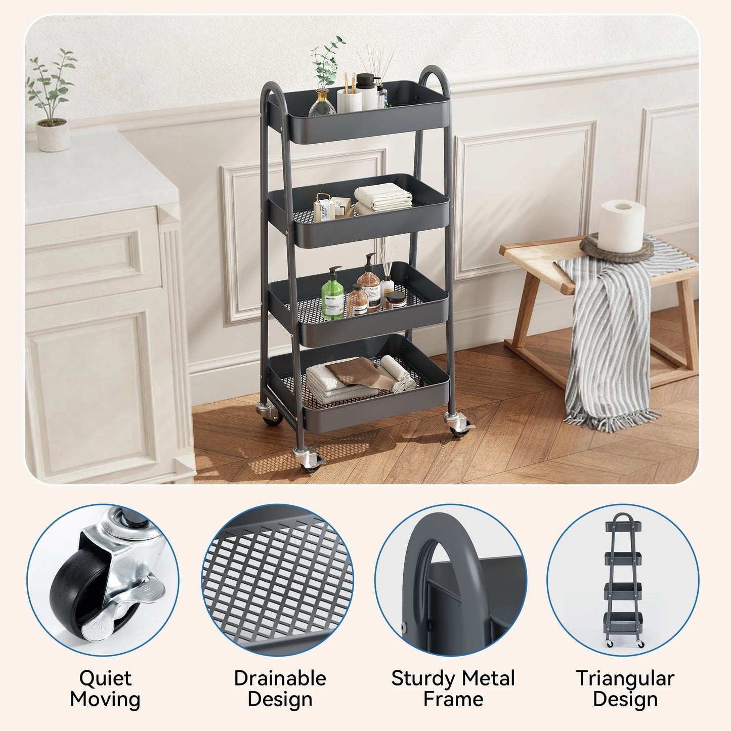 JHK Durable Metal Kitchen Storage Cart With Lockable Wheels
