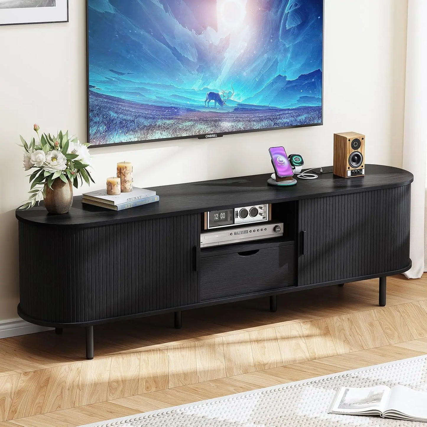 Onbrill Modern TV Stand With Drawer And Adjustable Shelves