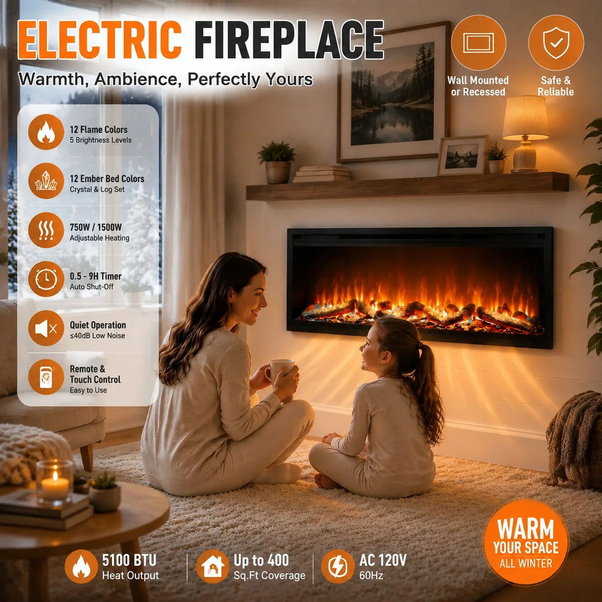 Wall Mounted Electric Fireplace Heater With Crystal Log Set Remote