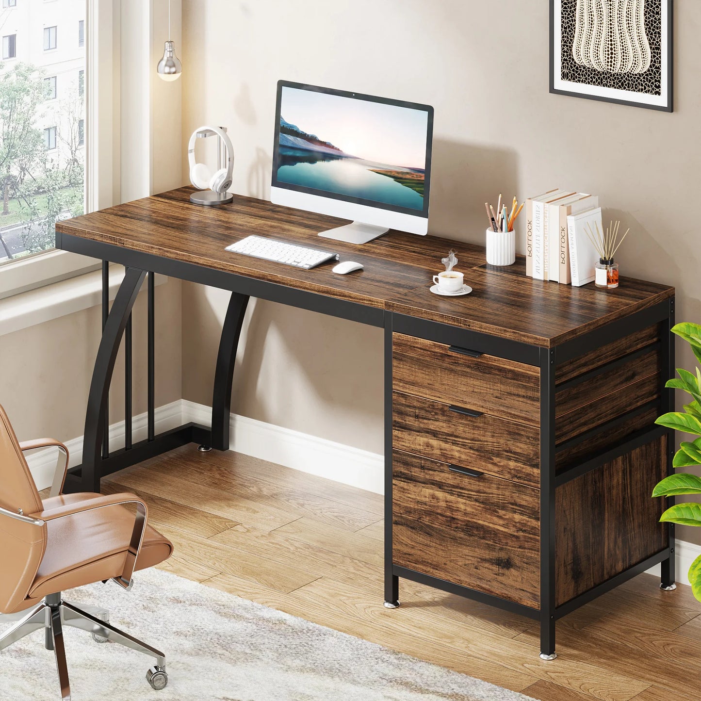 Tribesigns Computer Desk With Three Drawers Industrial Wooden Workstation