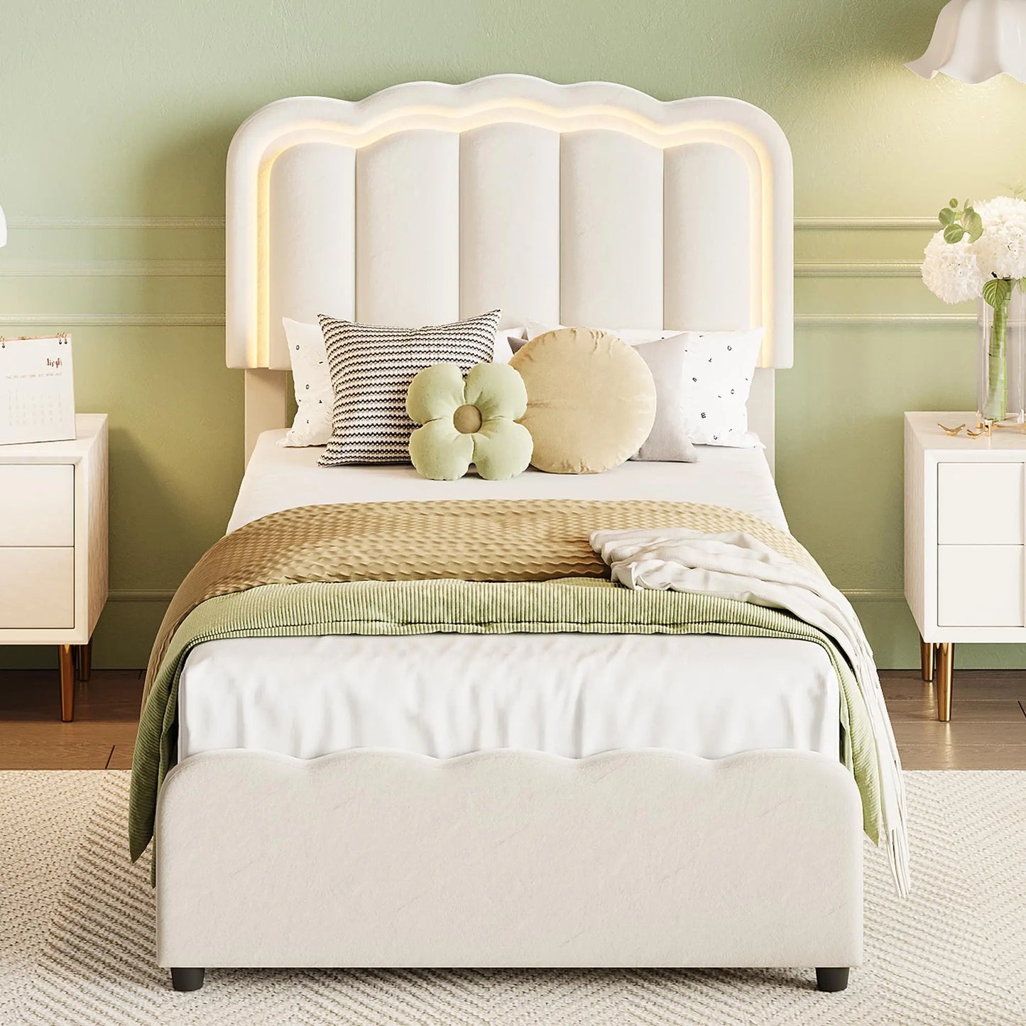 HiMISS Upholstered Bed Frame With Adjustable Headboard Led Storage Drawers