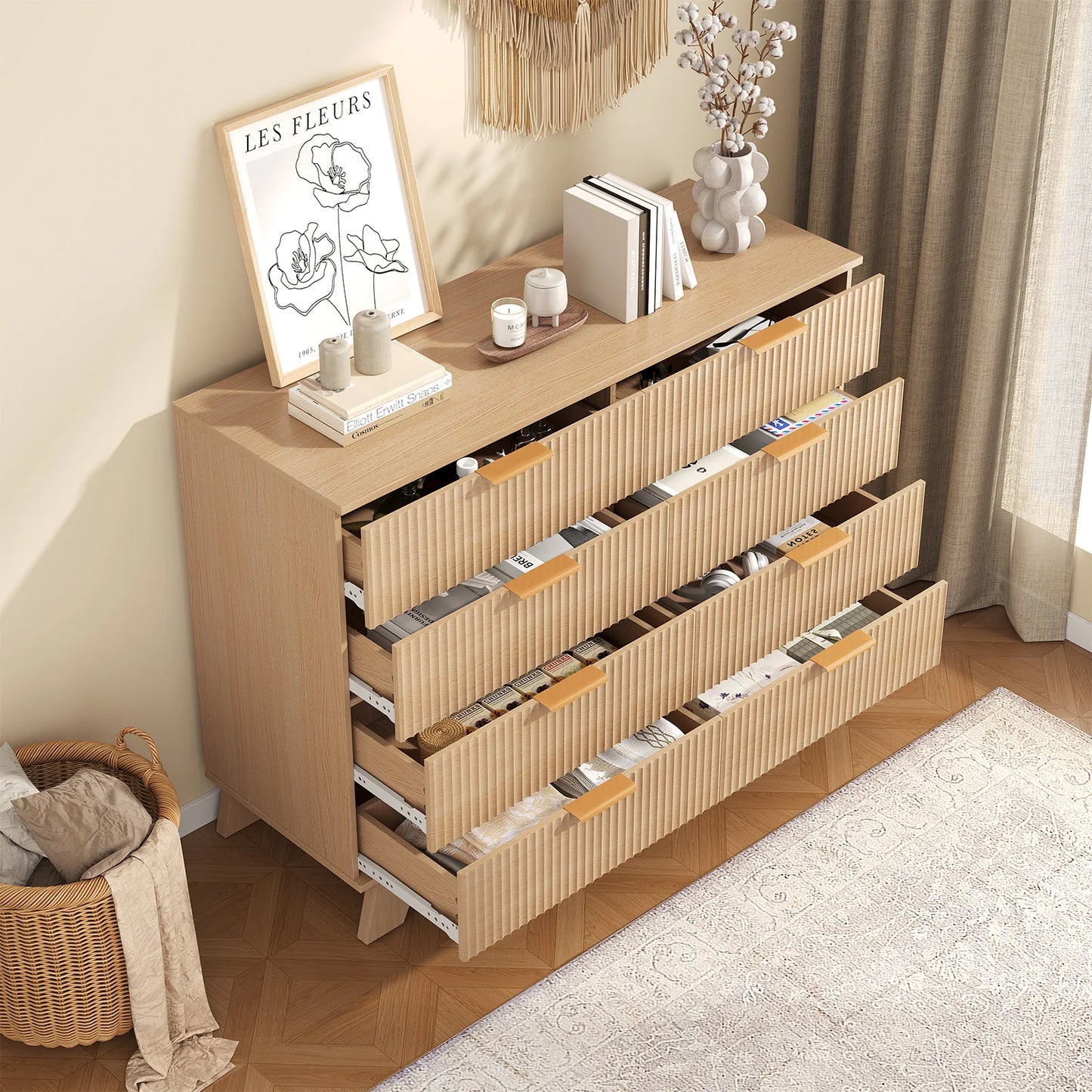 JHK Modern Fluted Wooden 6 Drawer Bedroom Dresser Cabinet