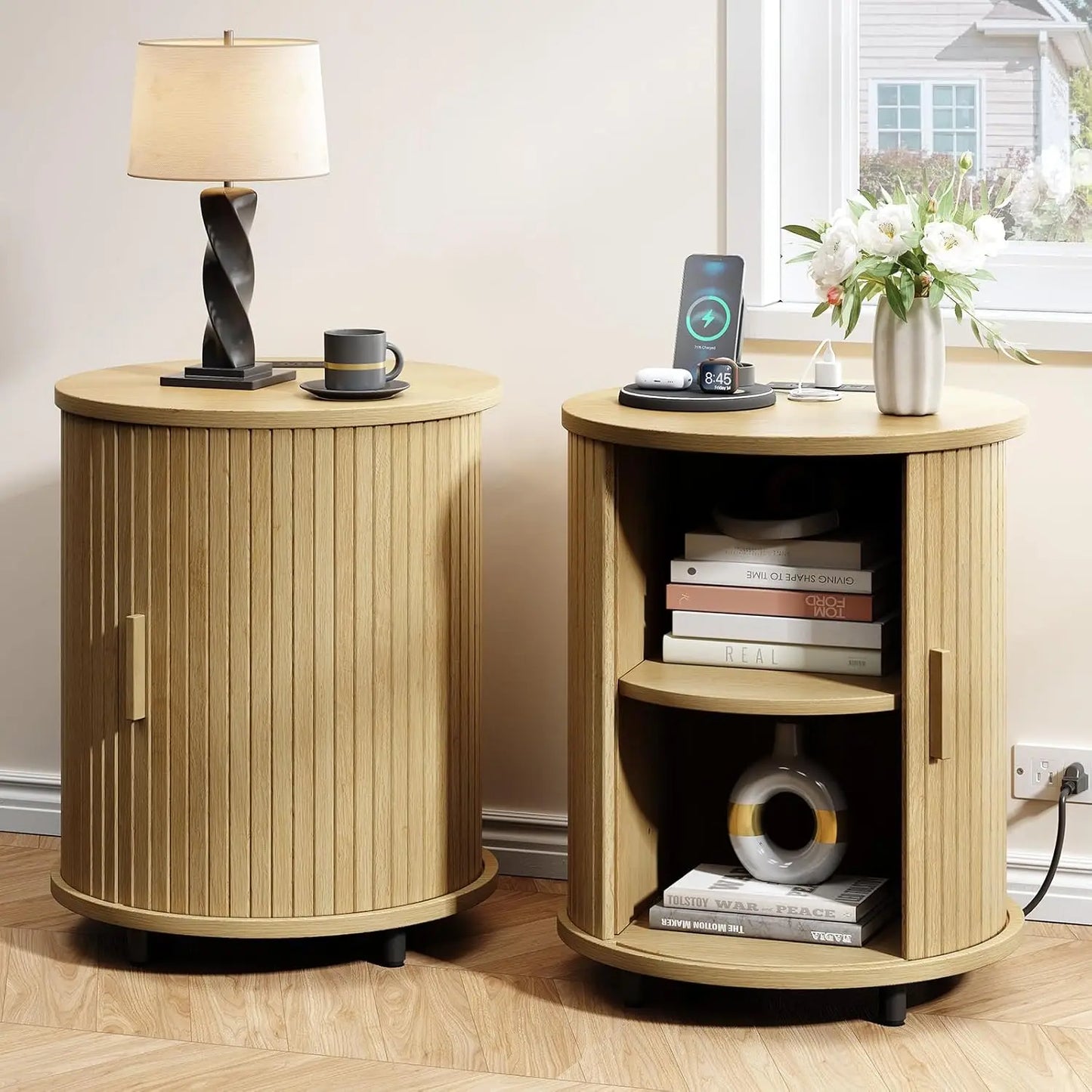 ONBRILL Fluted Round Nightstands Set of 2 Modern Wooden Tables