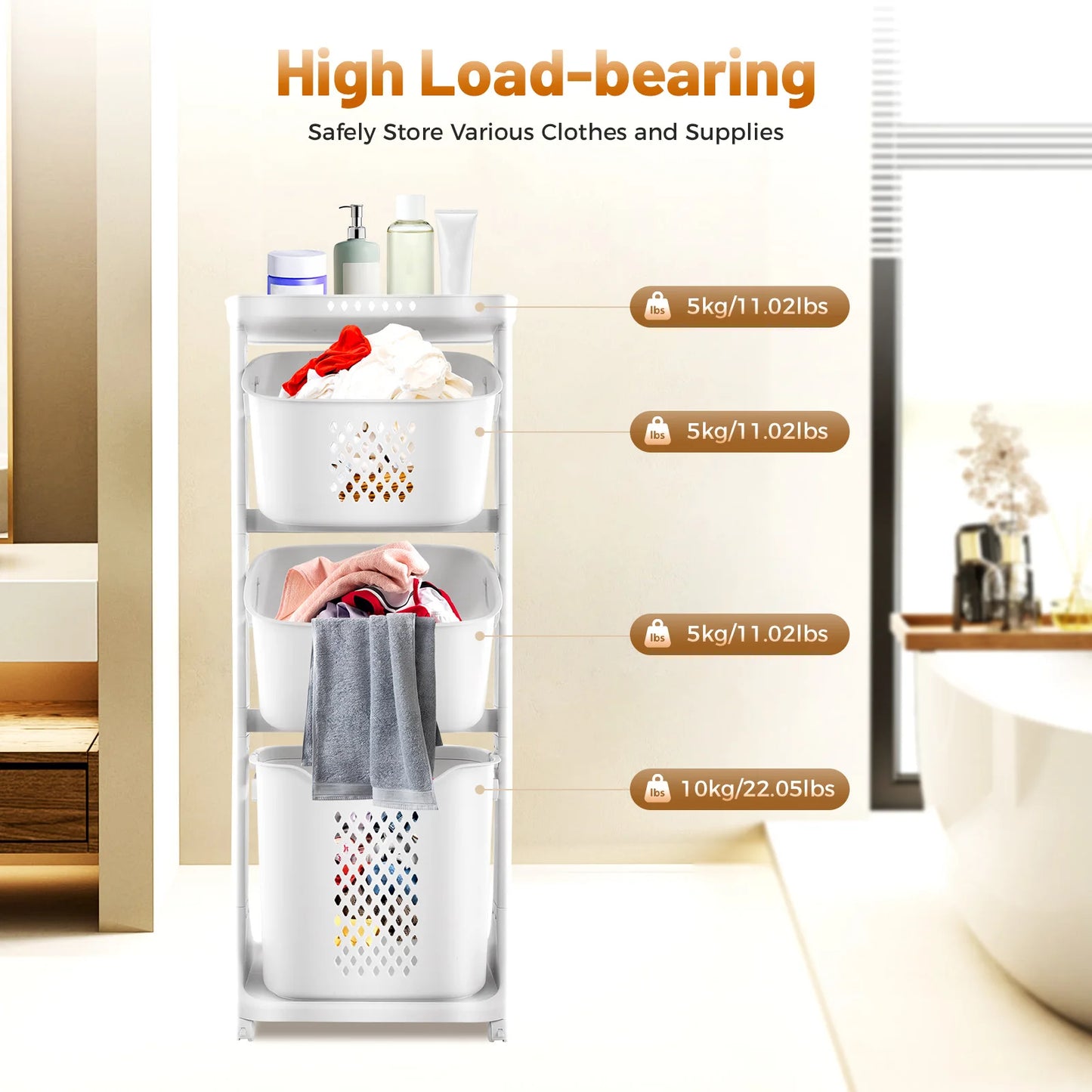 Bymaocar 3 Tier Rolling Laundry Hamper With Detachable Compartments