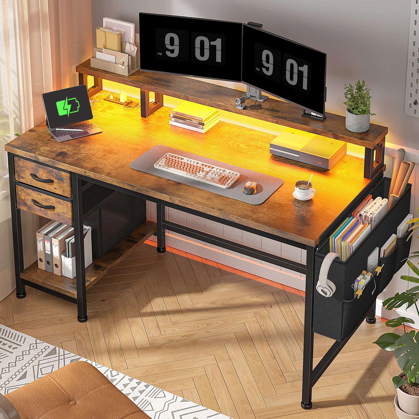 EnHomee Modern Office Desk With Power Outlets And Led Lighting