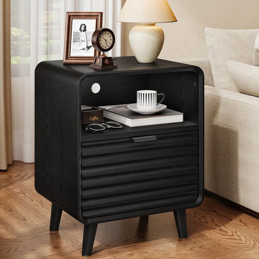 Onbrill Fluted Bedside Table With Drawer Modern End Table