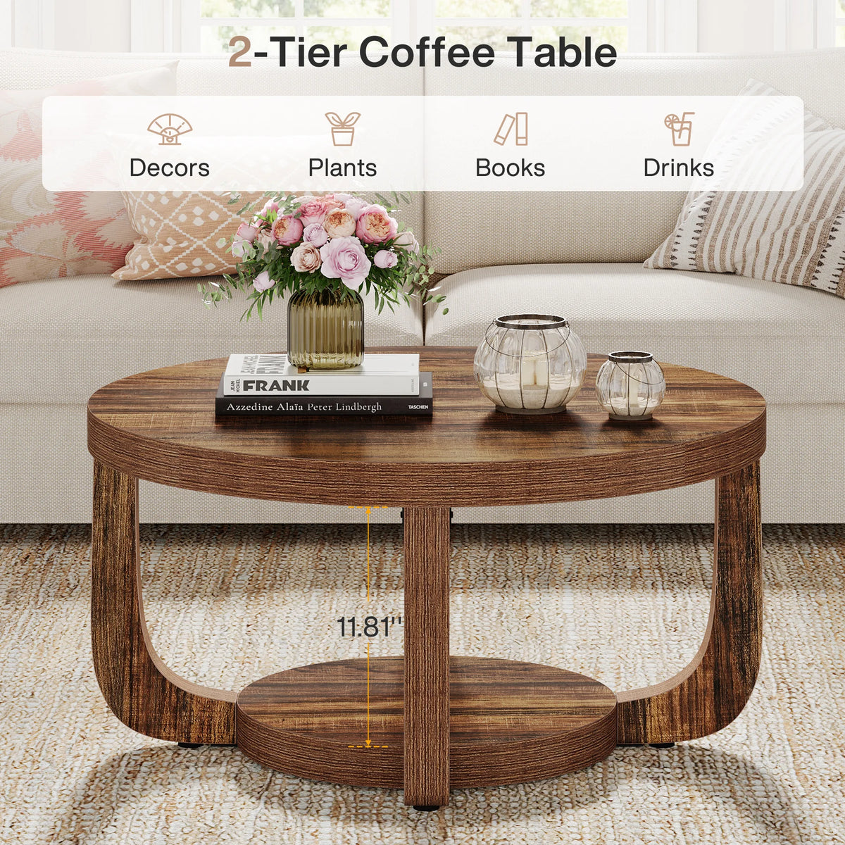 Tribesigns Round Coffee Table With Two Tier Storage Modern Wood