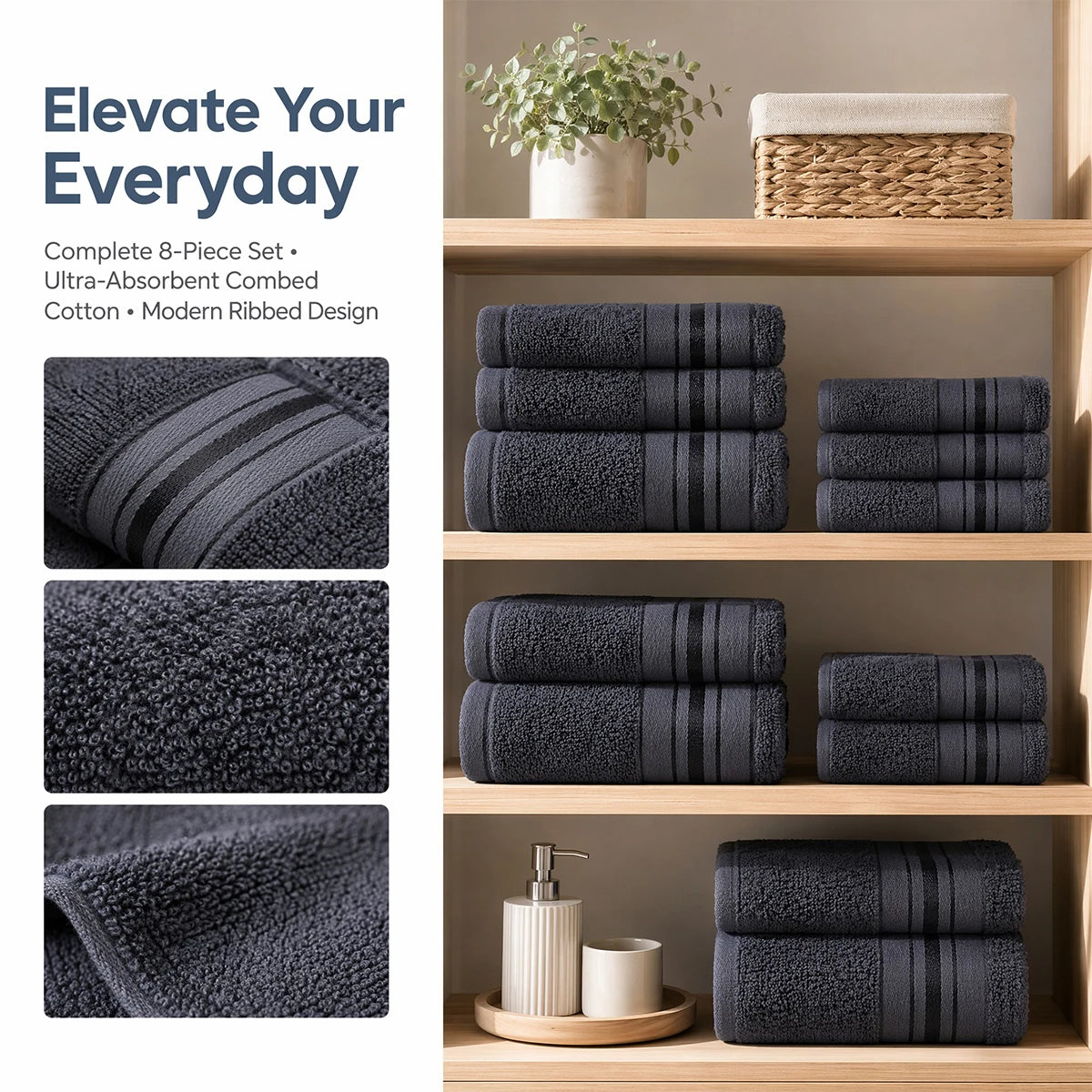 Luxury 8 Piece Ring Spun Cotton Towel Set For Bathroom