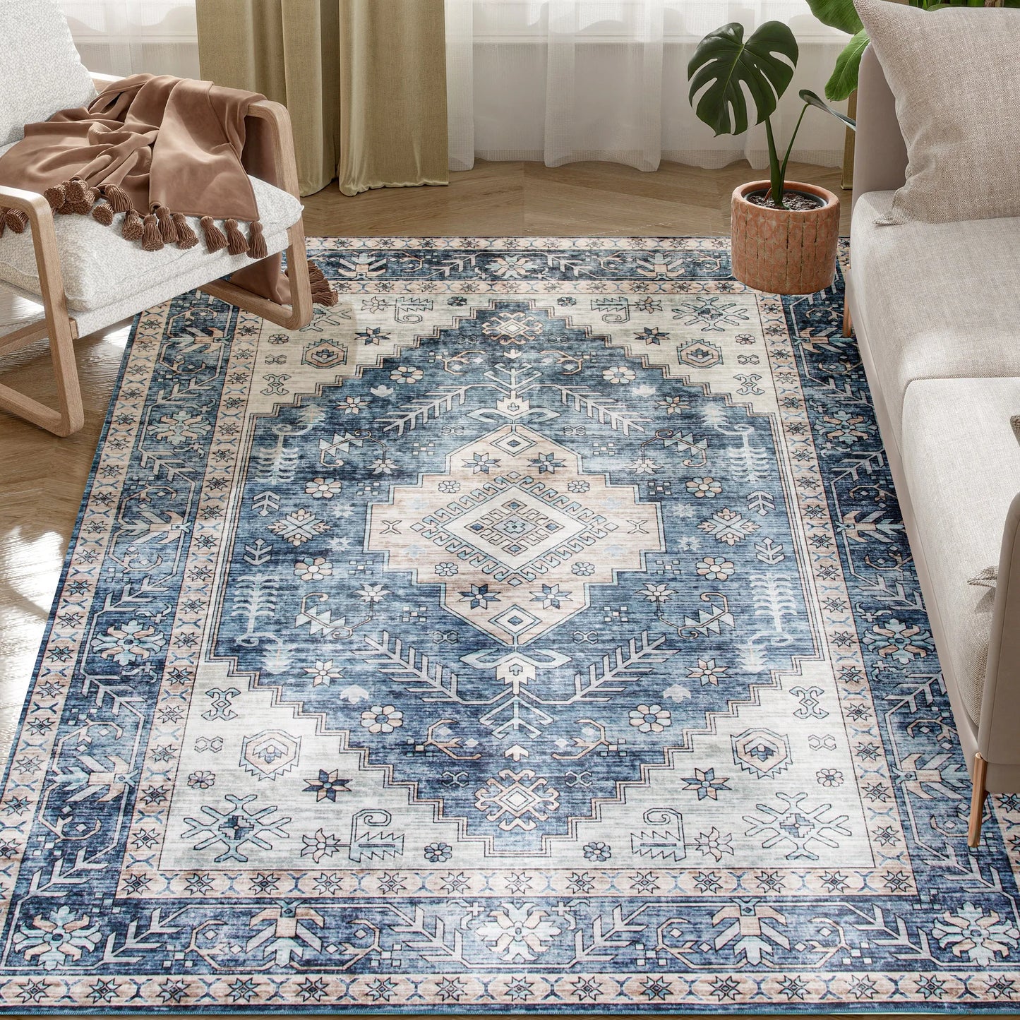 Machine Washable Vintage Oriental Medallion Polyester Area Rug