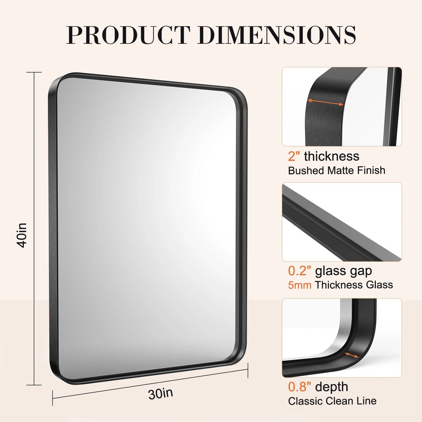 JHK Matte Metal Framed Bathroom Mirror With Tempered Glass