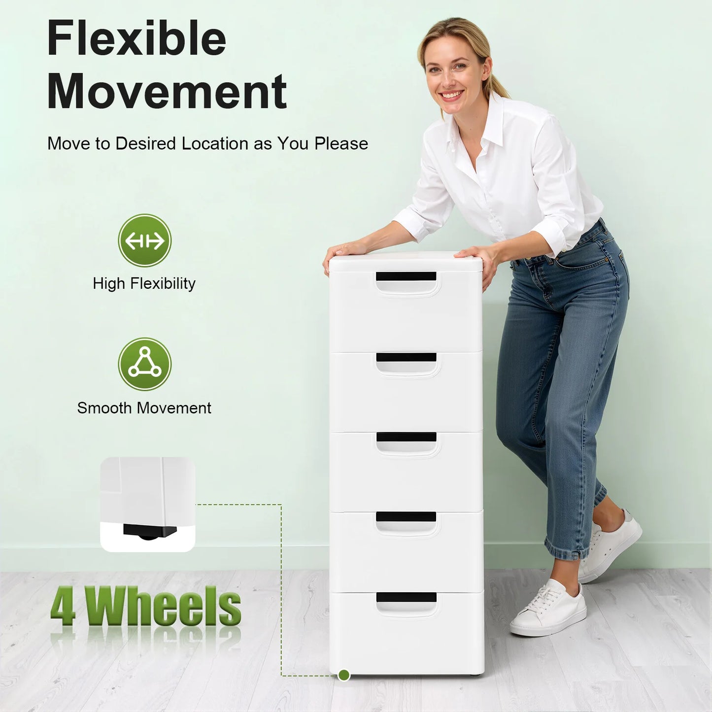 Five Drawer Stackable Plastic Storage Cabinet With Rolling Casters