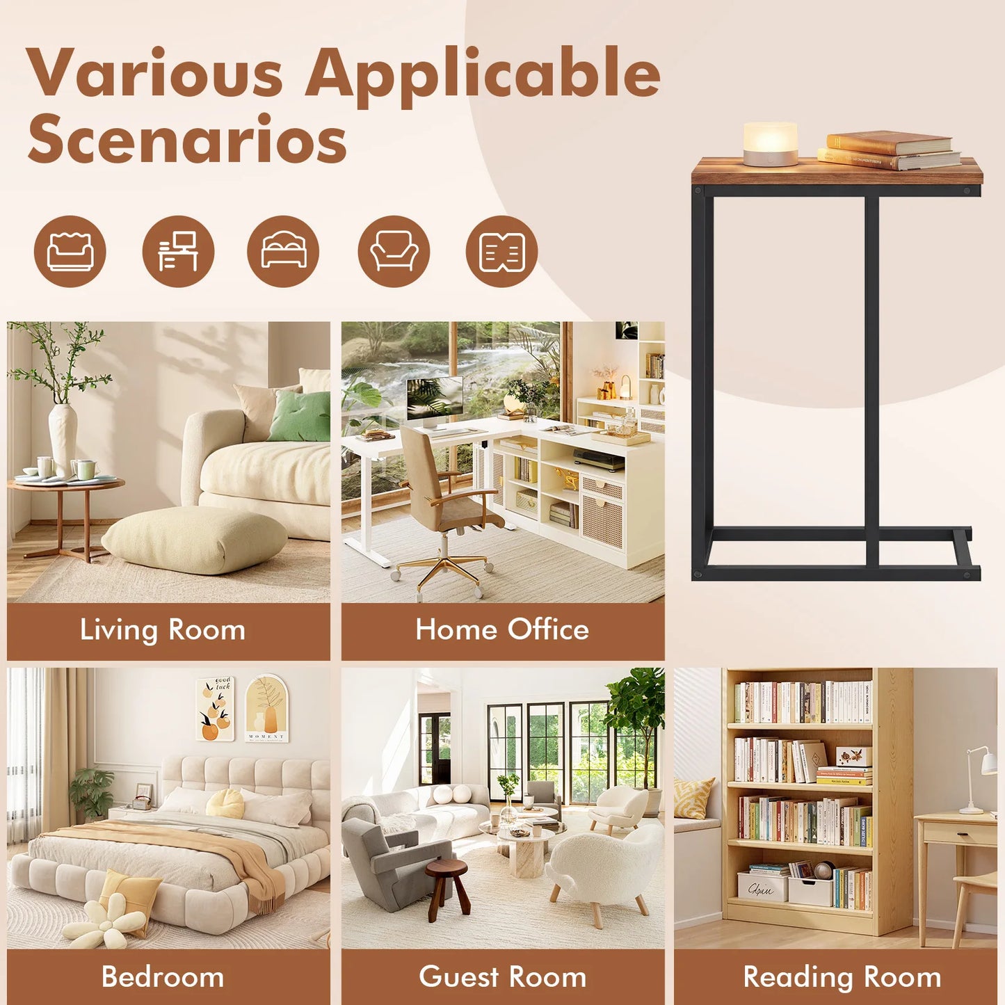 Homasis C Shaped Wooden End Table With Adjustable Pads