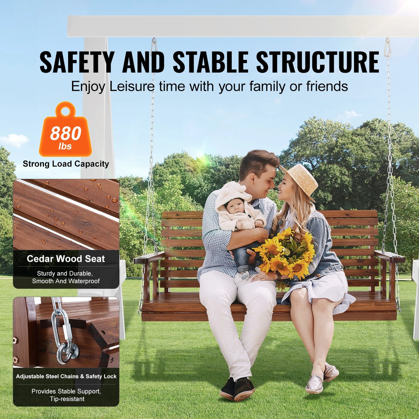 SucceBuy Cedar Wood Porch Swing For Outdoor Patio Bench