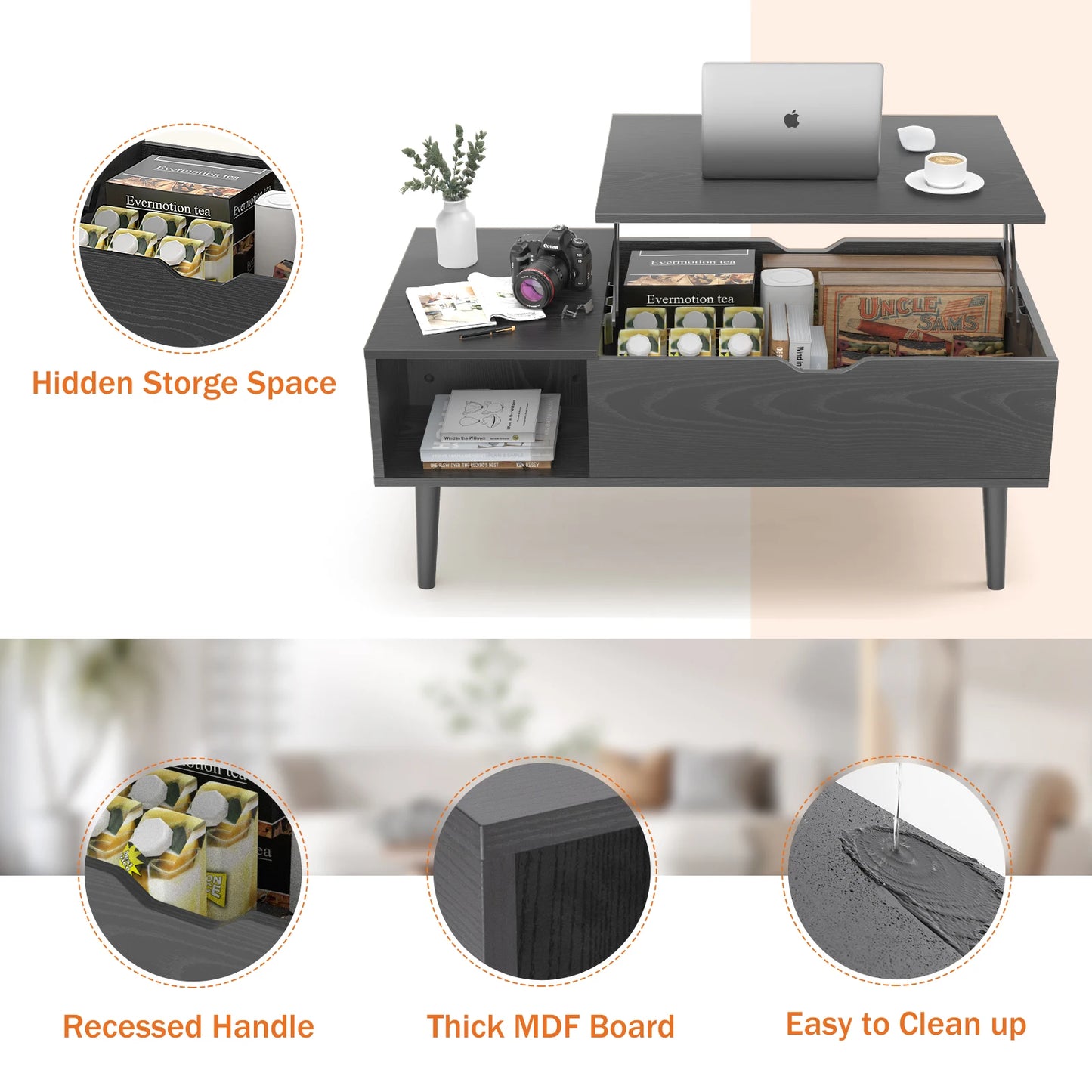 JHK Modern Wood Lift Top Coffee Table Adjustable Storage Shelf