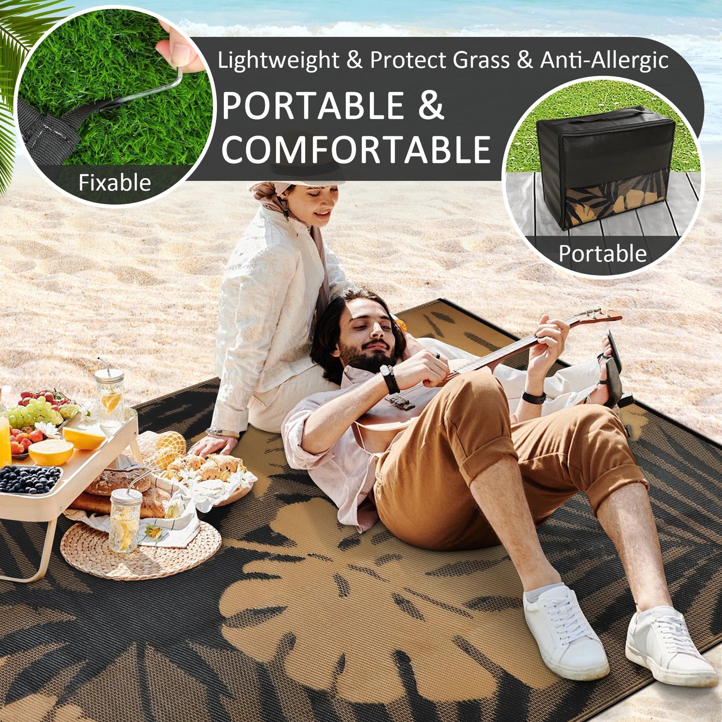 Leaves Pattern Recycled Plastic Straw Outdoor Rope Rug For Patio