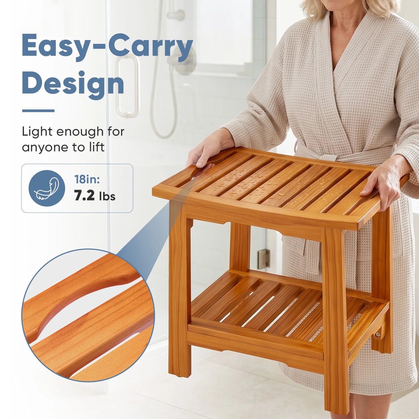 JHK Wooden Bathroom Shower Bench With Storage Shelf And Handles