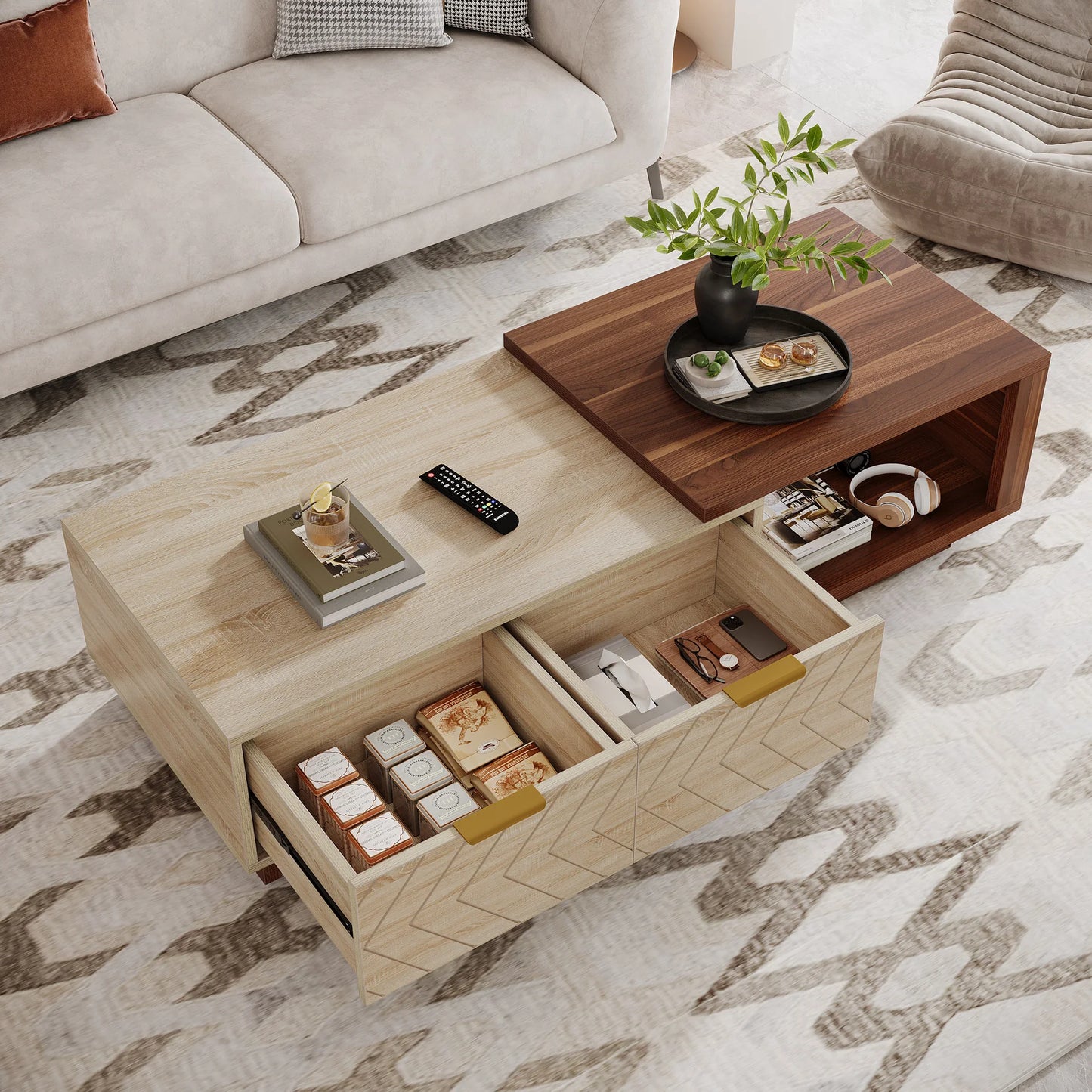 Tribesigns Extendable Wood Coffee Table With Storage Drawers