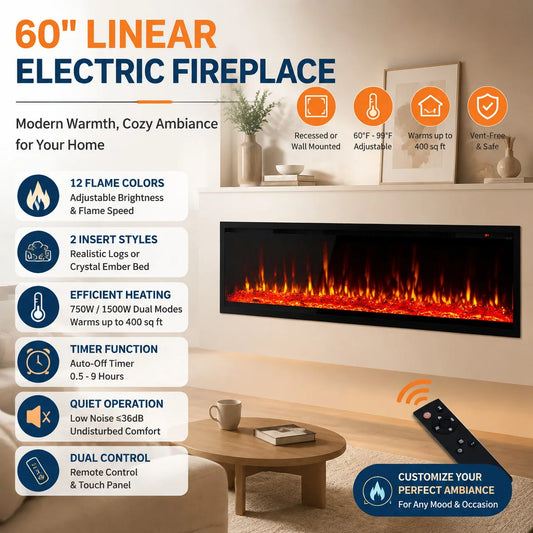 ANIXOL Recessed Wall Mounted Electric Fireplace Heater With Remote