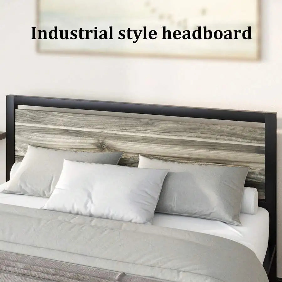 Farmhouse Metal Bed Frame With Wooden Headboard Easy Assembly