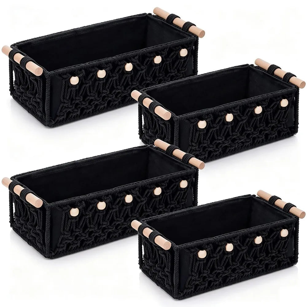 Boho Macrame Storage Baskets With Wooden Handles And Decorative Beads