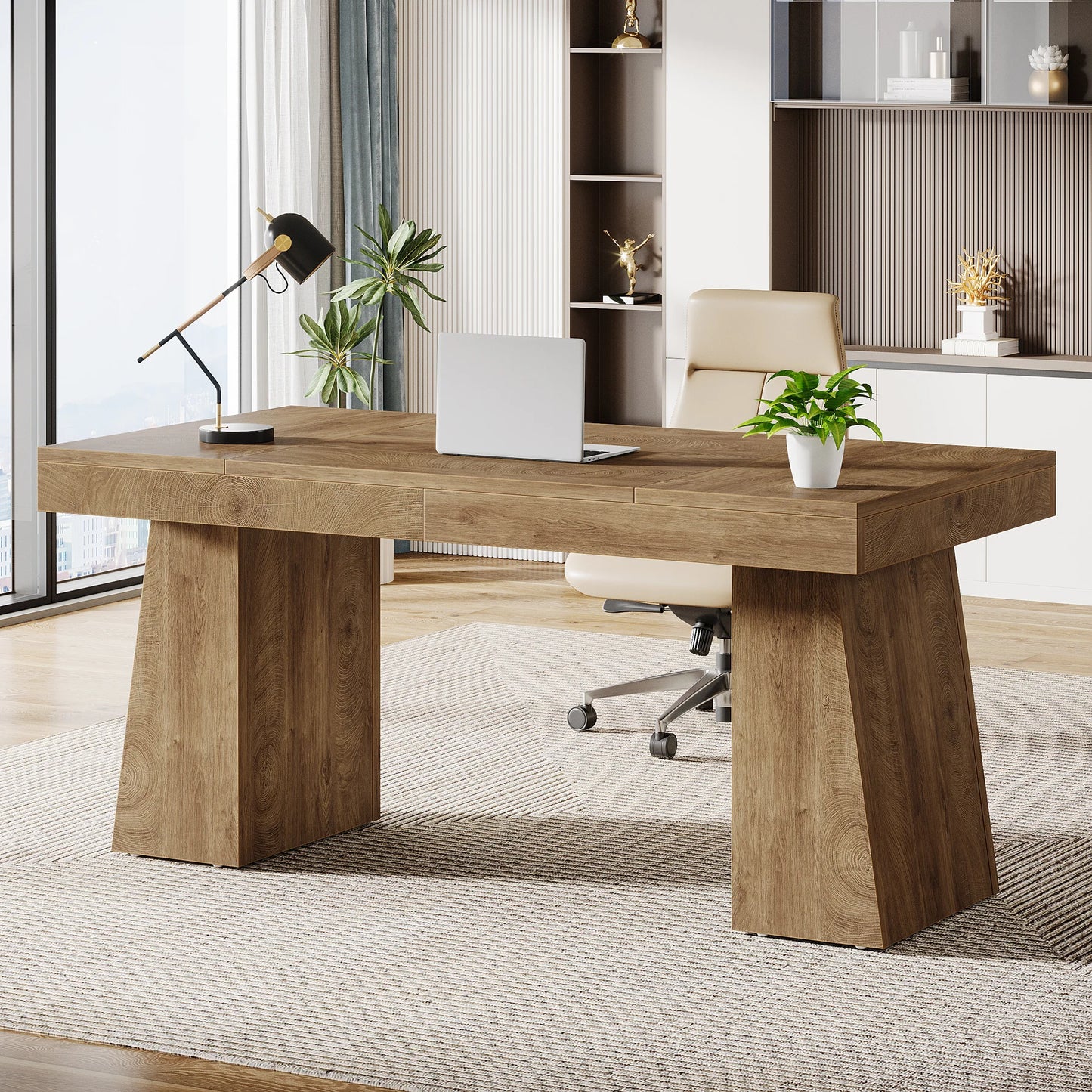 Tribesigns Wood Office Executive Desk With Double Pedestal