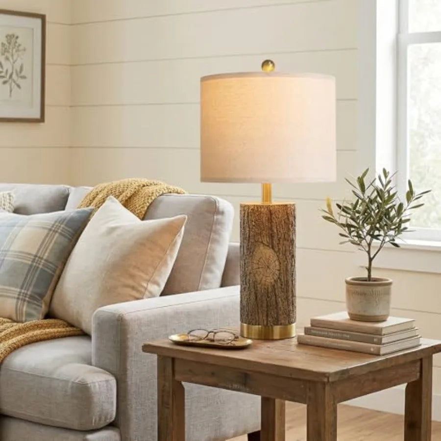 Rustic Bark Solar Table Lamps With Gold Base And Usb Ports