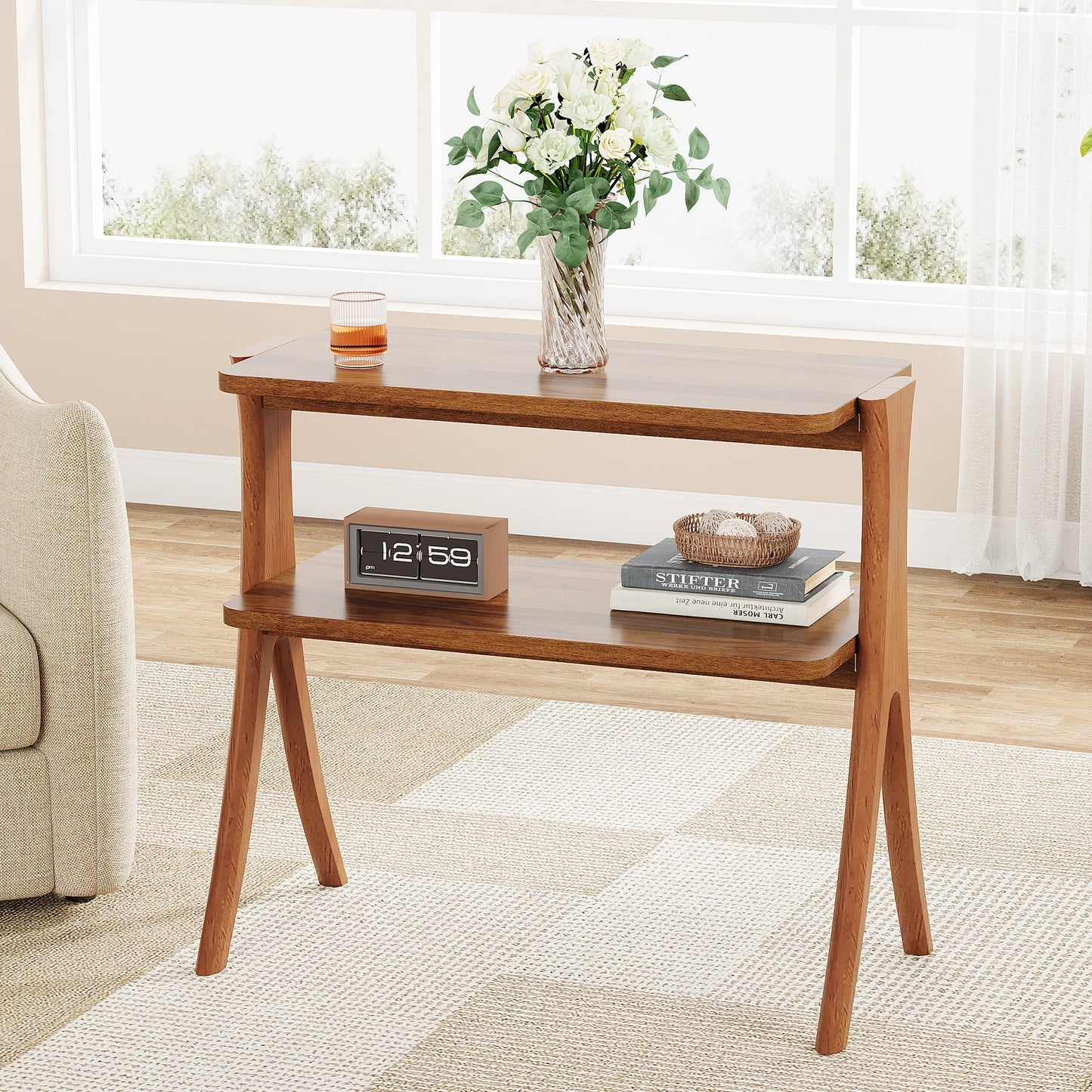 Tribesigns Walnut Wood Side Table With Two Tier Storage Shelf