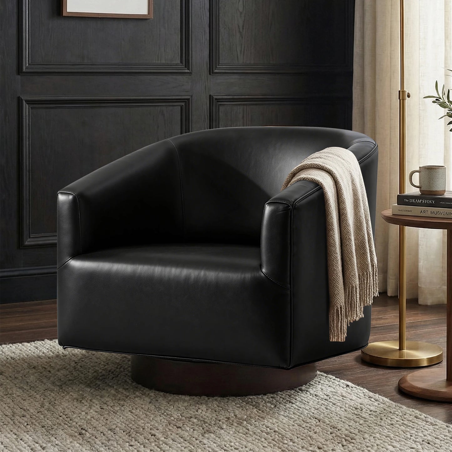 Kerdom Modern Wooden Barrel Accent Chair With Swivel Base