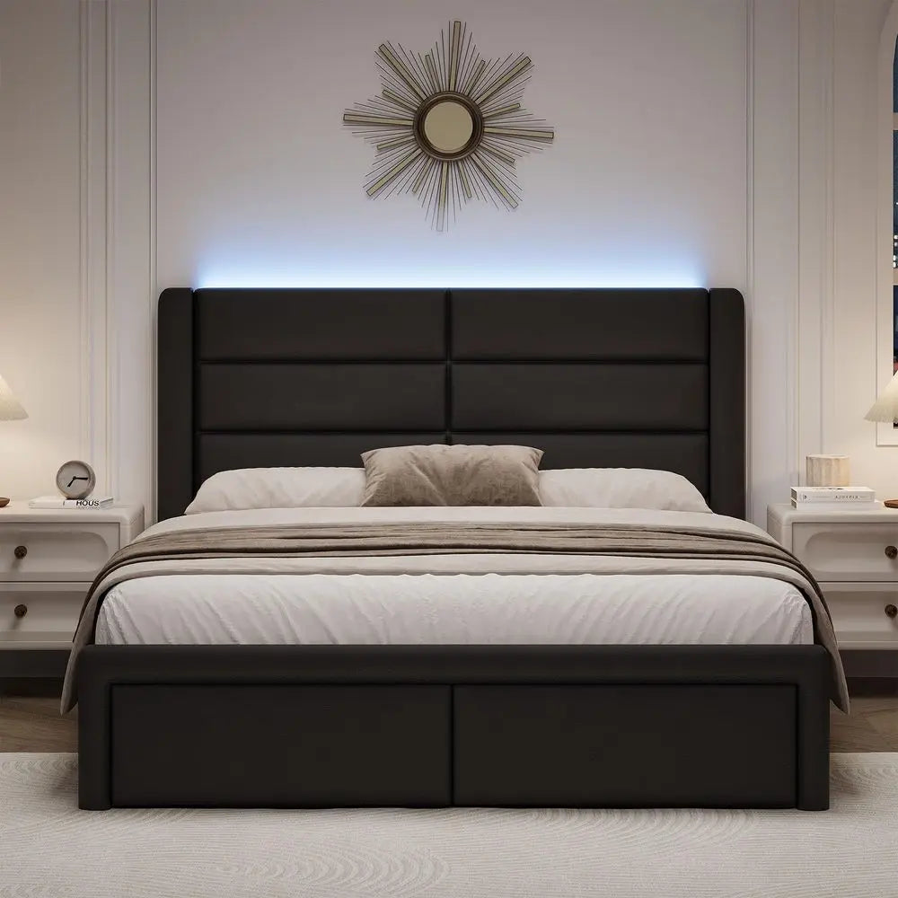 Upholstered Bed Frame With Headboard LED Lights And Wood Slats