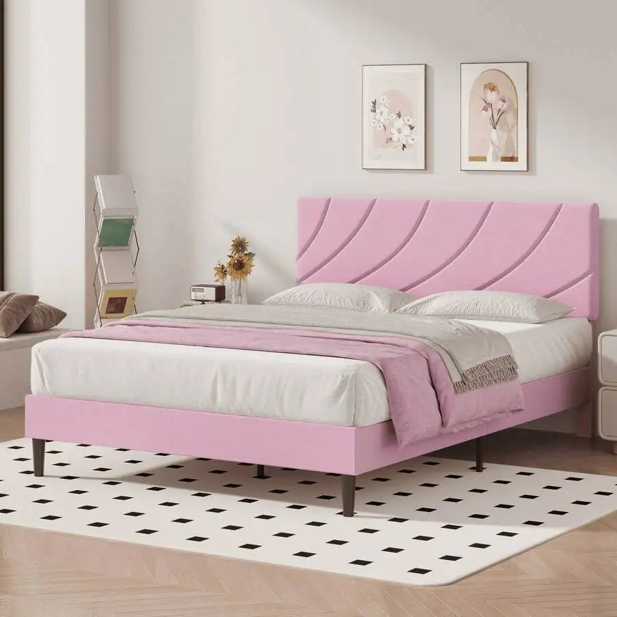 Modern Upholstered Platform Bed Frame With Adjustable Linen Headboard