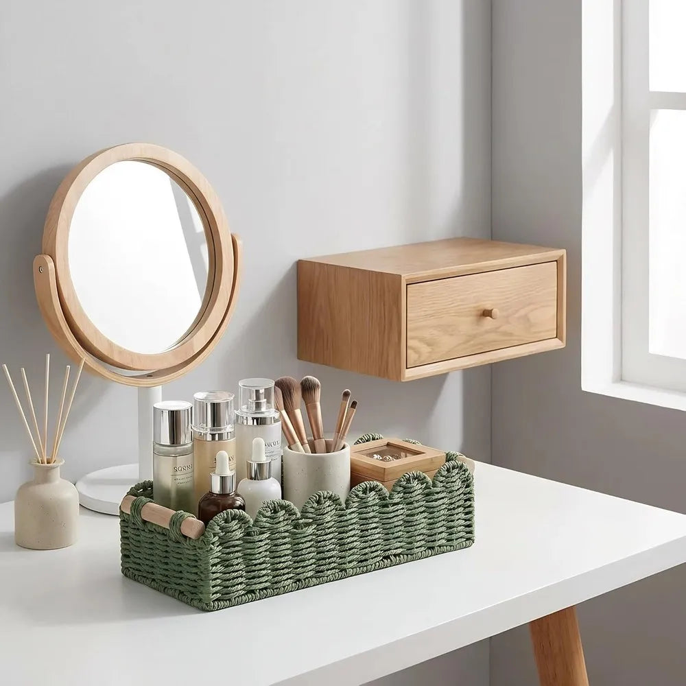 Decorative Scalloped Wicker Basket With Handle Bathroom Storage
