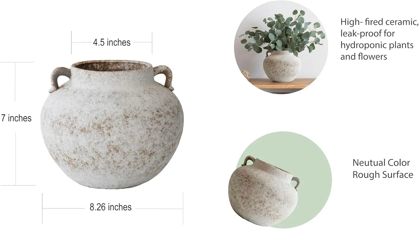 CozyWel Textured Ceramic Vase With Double Handles For Home Decor
