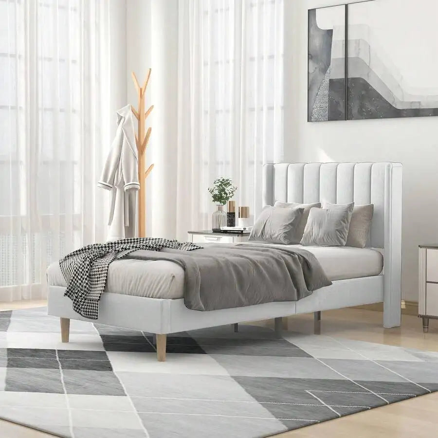 Classic Upholstered Platform Bed Frame With Headboard And Wood Slats